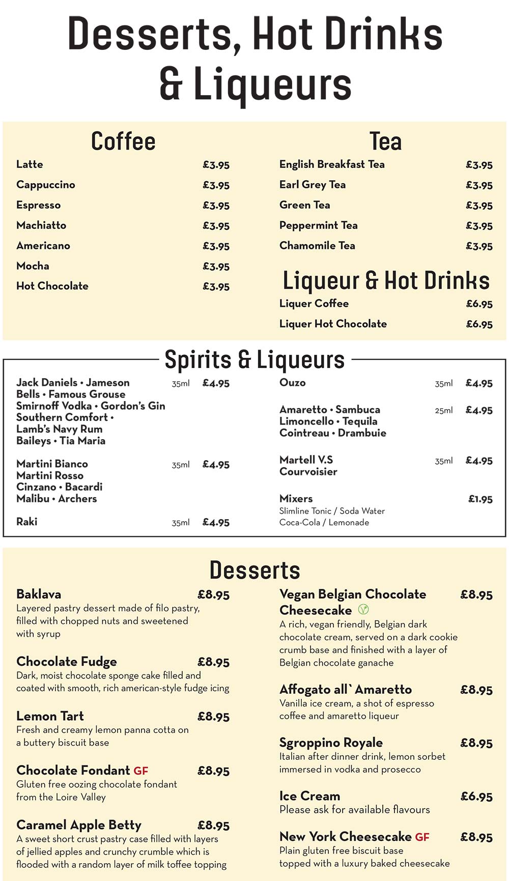 Dessert and hot drinks menu
